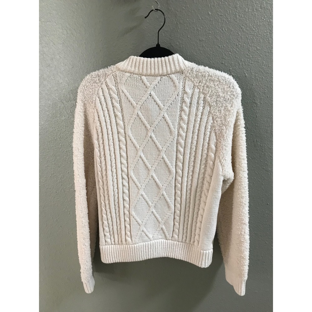 Loft Womens Ivory Cable Knit Popcorn Sleeve Zip Front Cardigan Sweater Large NWT - Picture 2 of 8